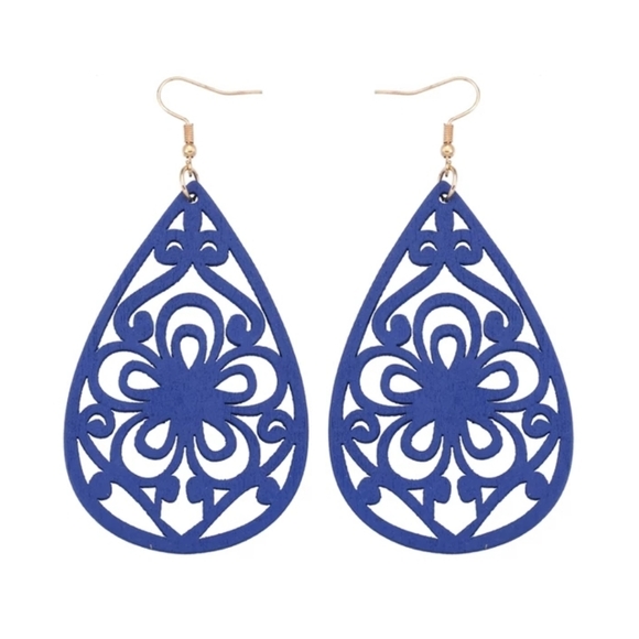 *2 for $15* Cobalt Blue Light Wood Drop Earrings - Picture 2 of 5